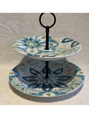 222 Fifth 10”H Discontinued Colorful Two Tier Appetizer/Desert Tray